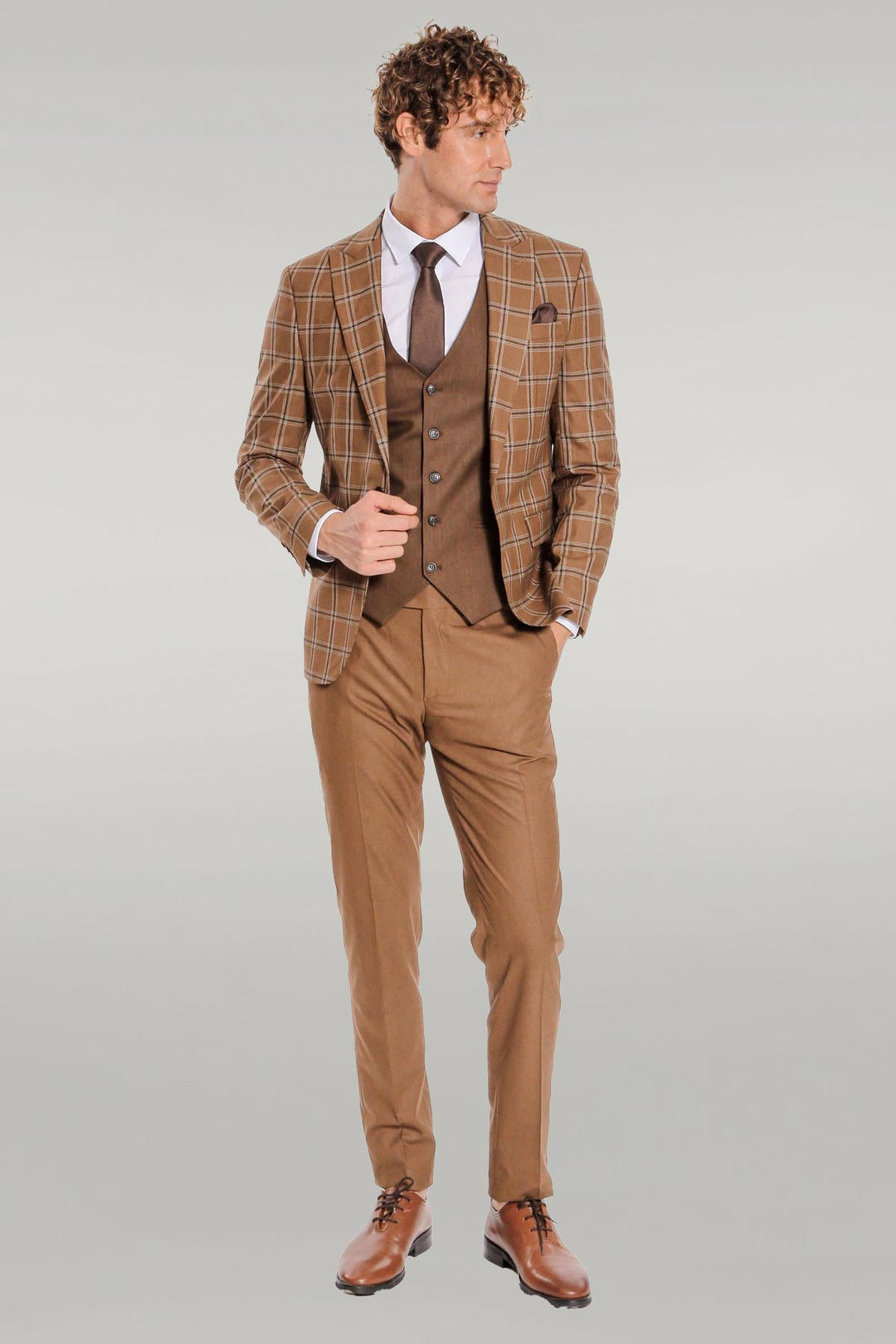 WSS Checked Patterned Slim Fit Brown Men Suit  - Singen