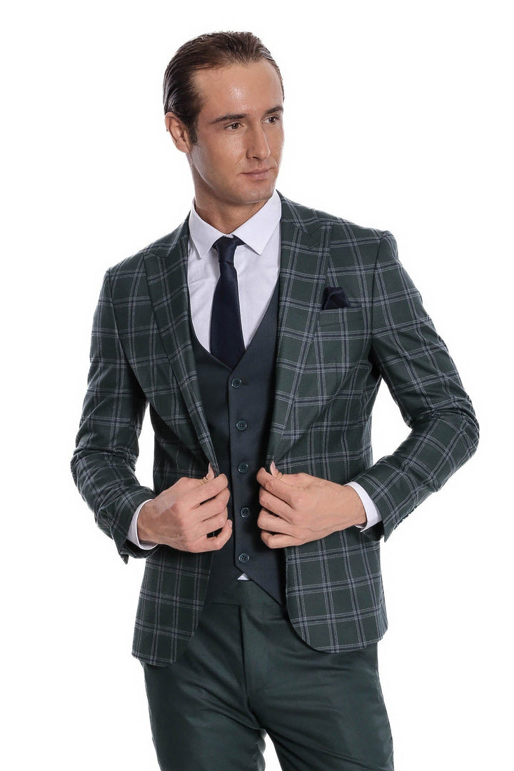 WSS Checked Patterned Slim Fit Green Men Suit  - Singen