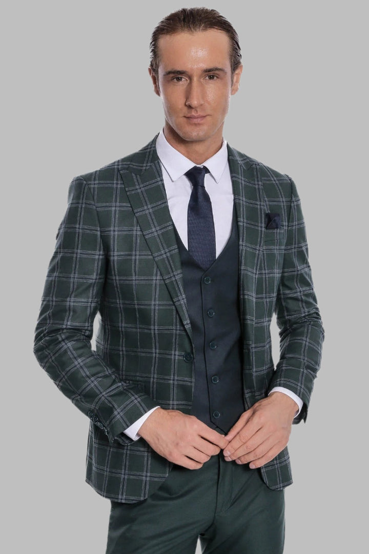 WSS Checked Patterned Slim Fit Green Men Suit  - Singen