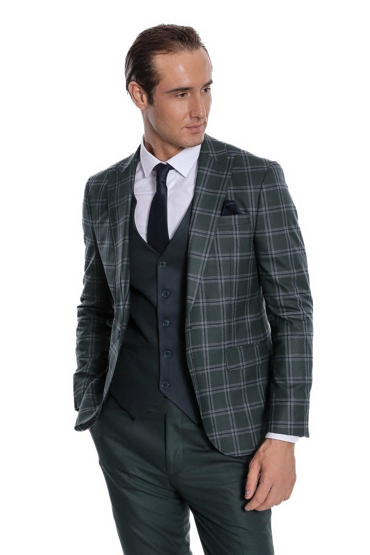 WSS Checked Patterned Slim Fit Green Men Suit  - Singen