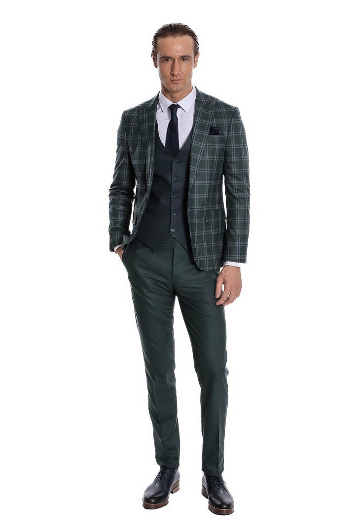 WSS Checked Patterned Slim Fit Green Men Suit  - Singen