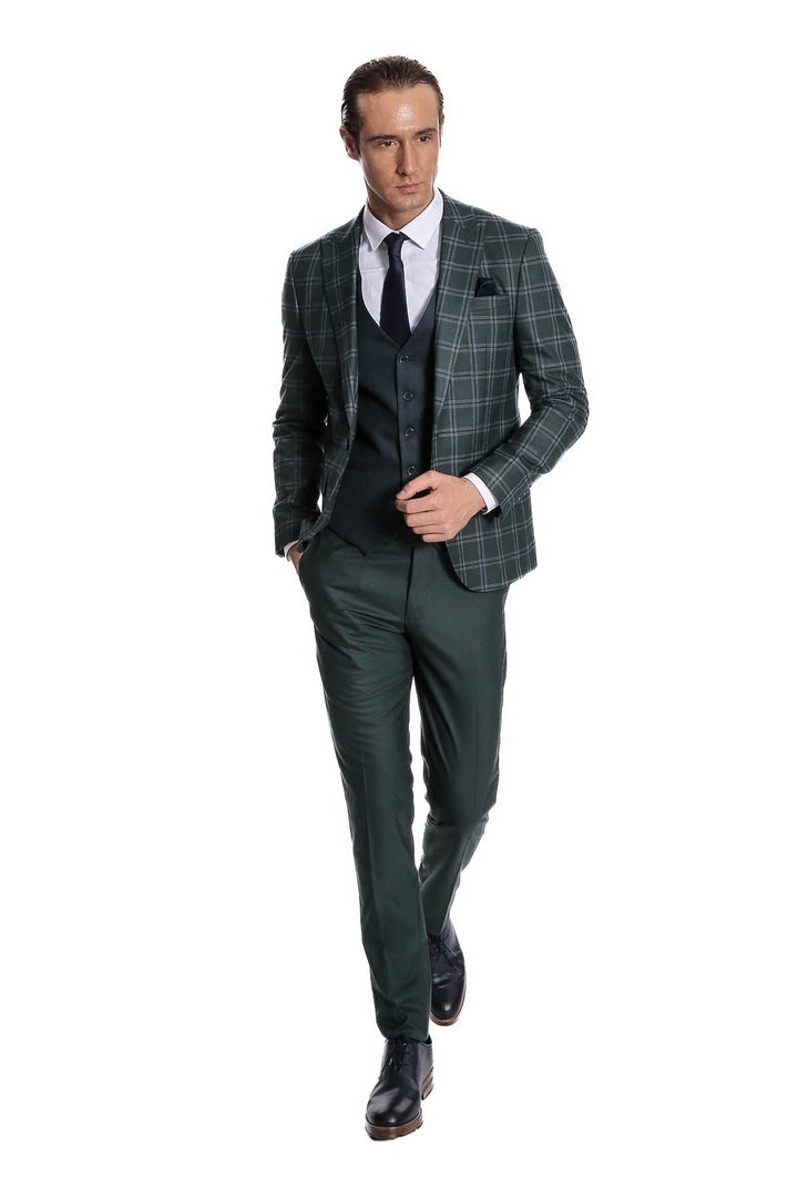 WSS Checked Patterned Slim Fit Green Men Suit  - Singen