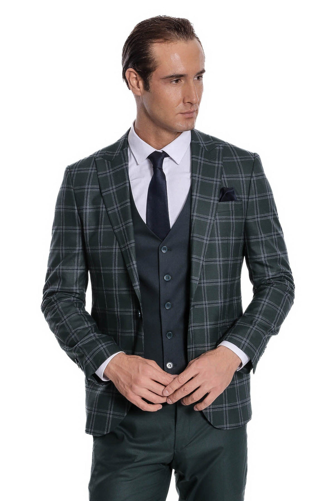 WSS Checked Patterned Slim Fit Green Men Suit  - Singen