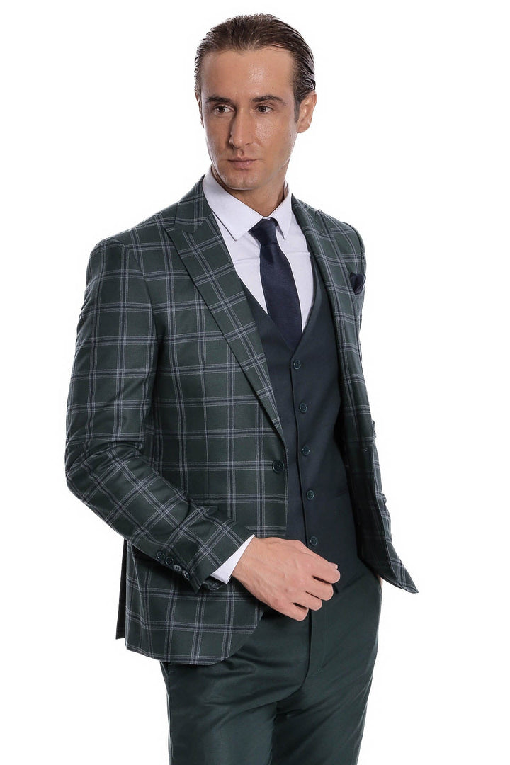 WSS Checked Patterned Slim Fit Green Men Suit  - Singen