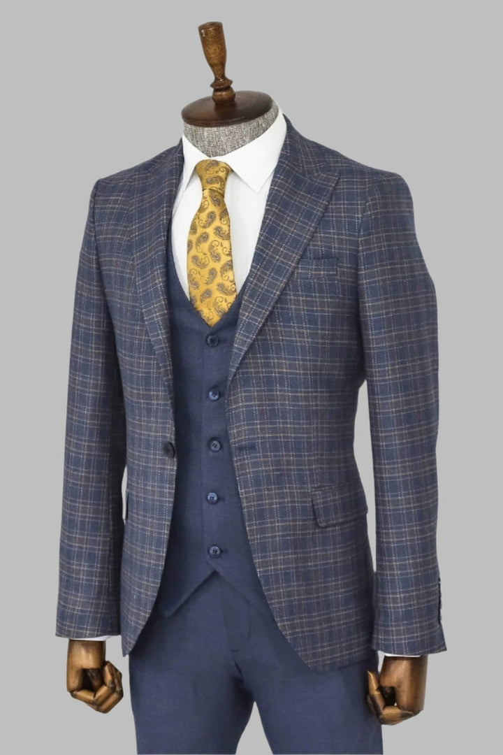 WSS Checked Slim Fit Blue Men Suit  - Singen