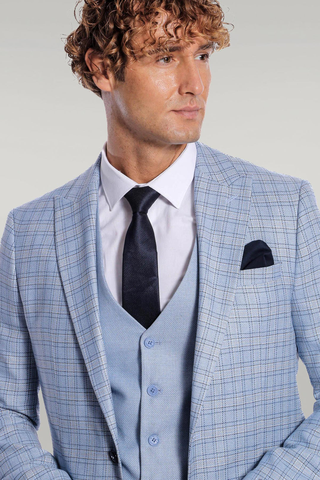 WSS Checked Slim Fit Light Blue Men Suit  - Singen