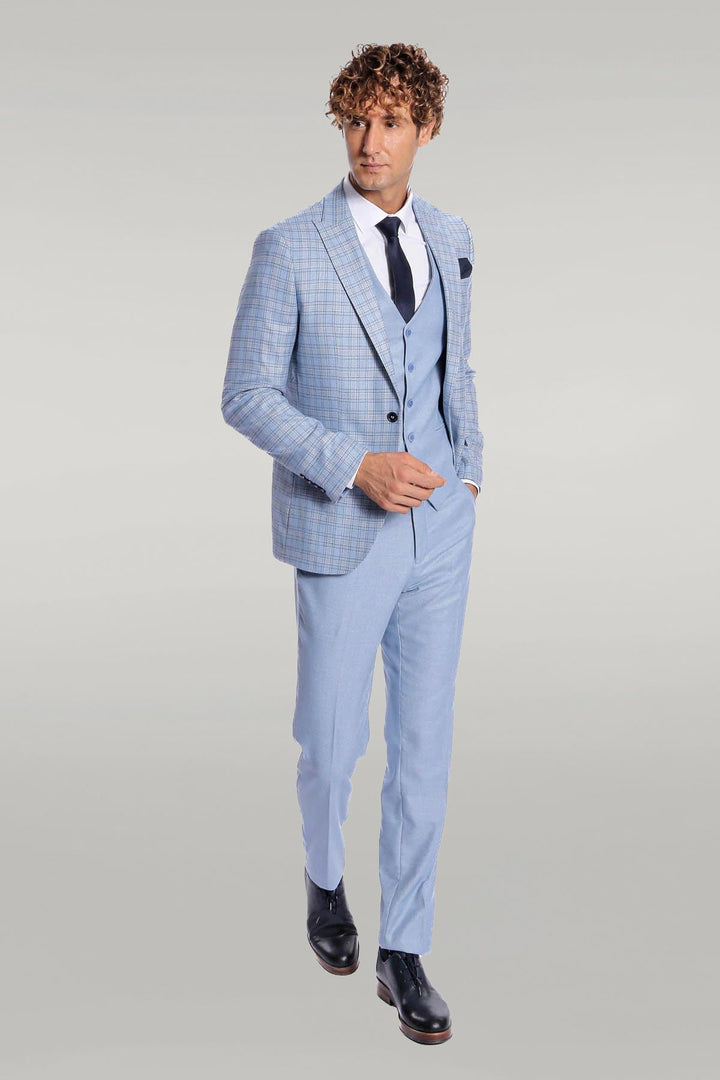 WSS Checked Slim Fit Light Blue Men Suit  - Singen