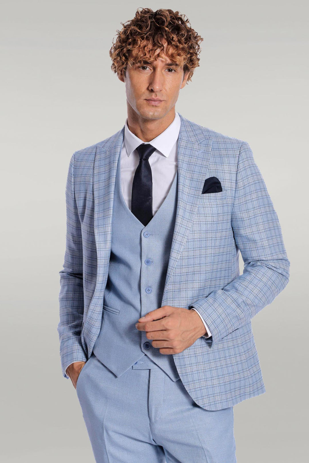 WSS Checked Slim Fit Light Blue Men Suit  - Singen