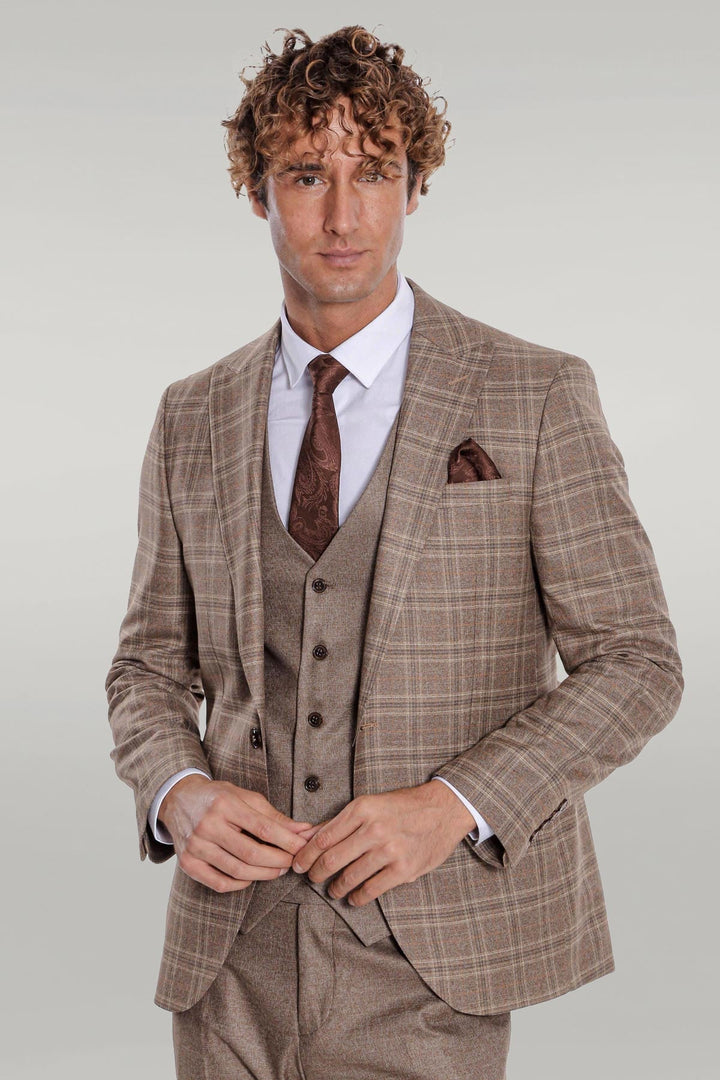 WSS Checked Slim Fit Light Brown Men Suit  - Singen