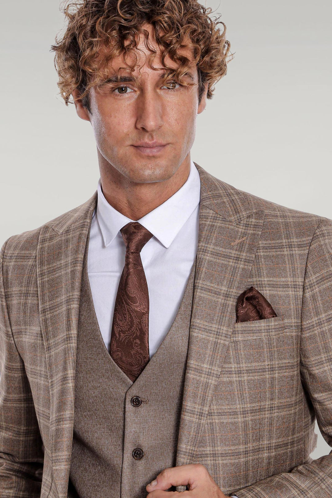 WSS Checked Slim Fit Light Brown Men Suit  - Singen