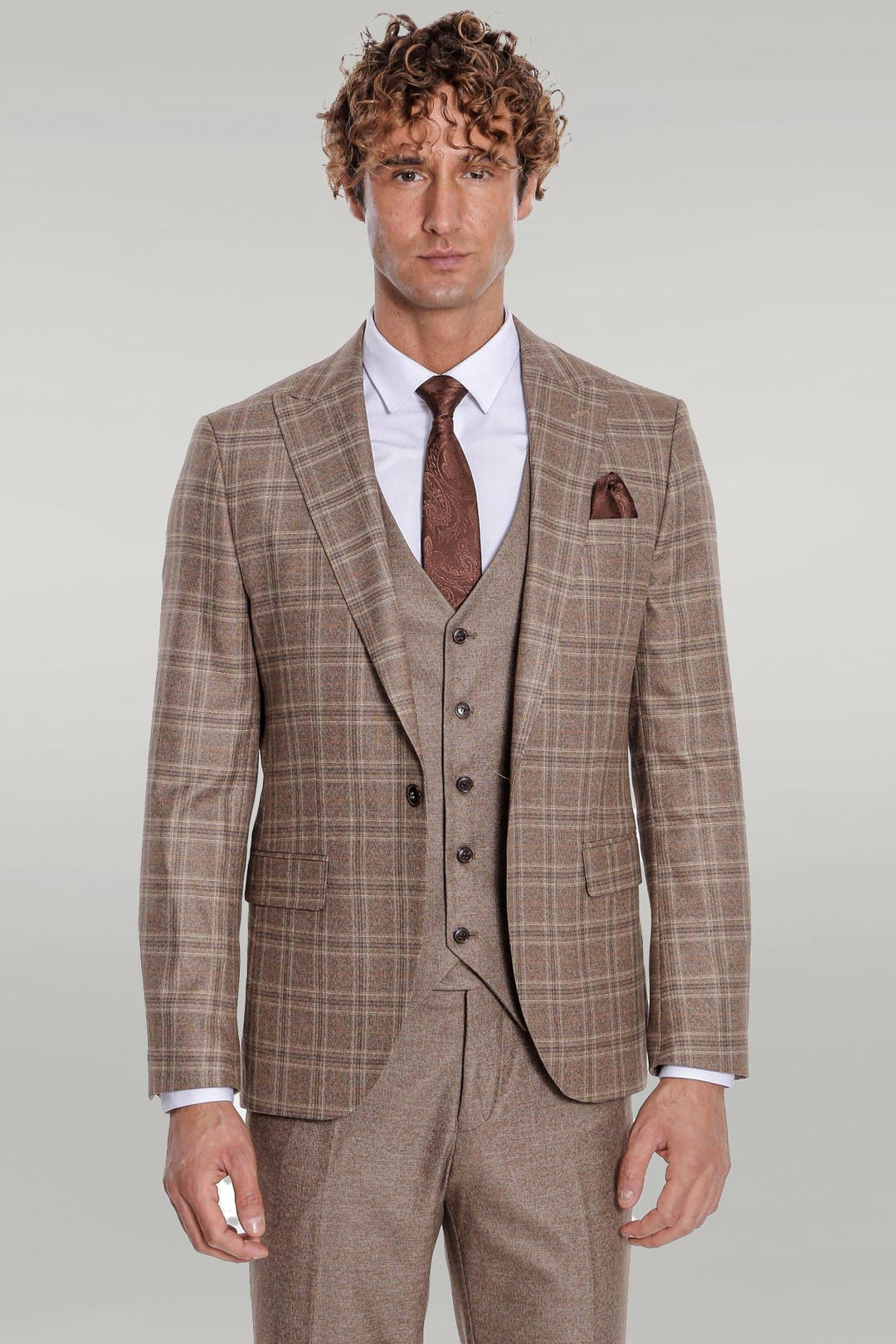 WSS Checked Slim Fit Light Brown Men Suit  - Singen