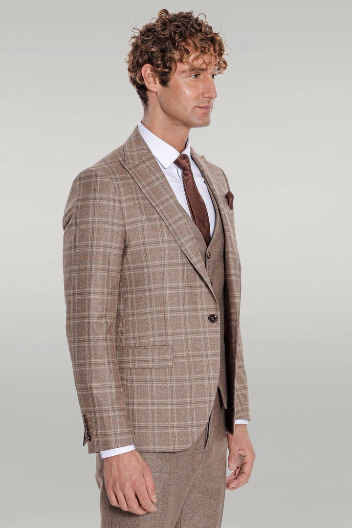 WSS Checked Slim Fit Light Brown Men Suit  - Singen