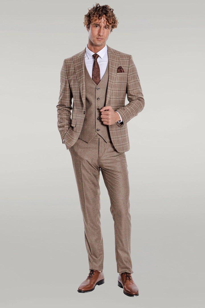 WSS Checked Slim Fit Light Brown Men Suit  - Singen