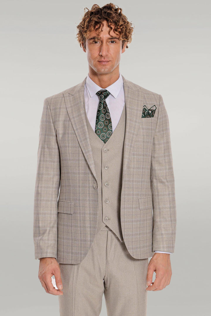 WSS Checked Slim Fit Cream Men Suit  - Singen