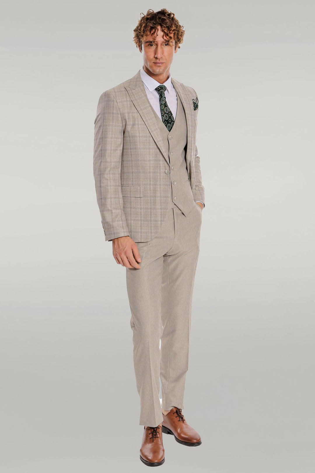 WSS Checked Slim Fit Cream Men Suit  - Singen