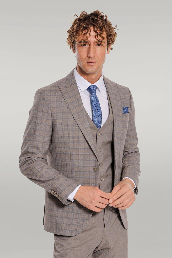 WSS Checked Slim Fit Light Brown Men Suit  - Singen