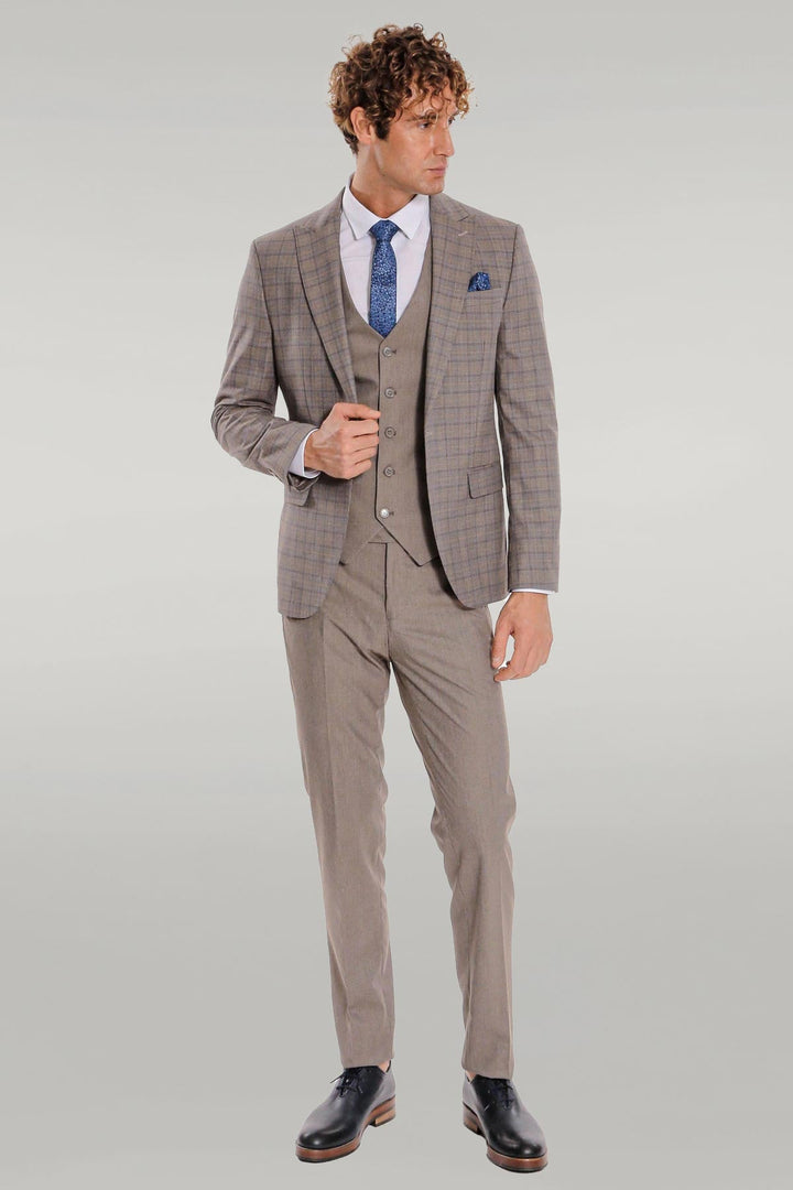 WSS Checked Slim Fit Light Brown Men Suit  - Singen