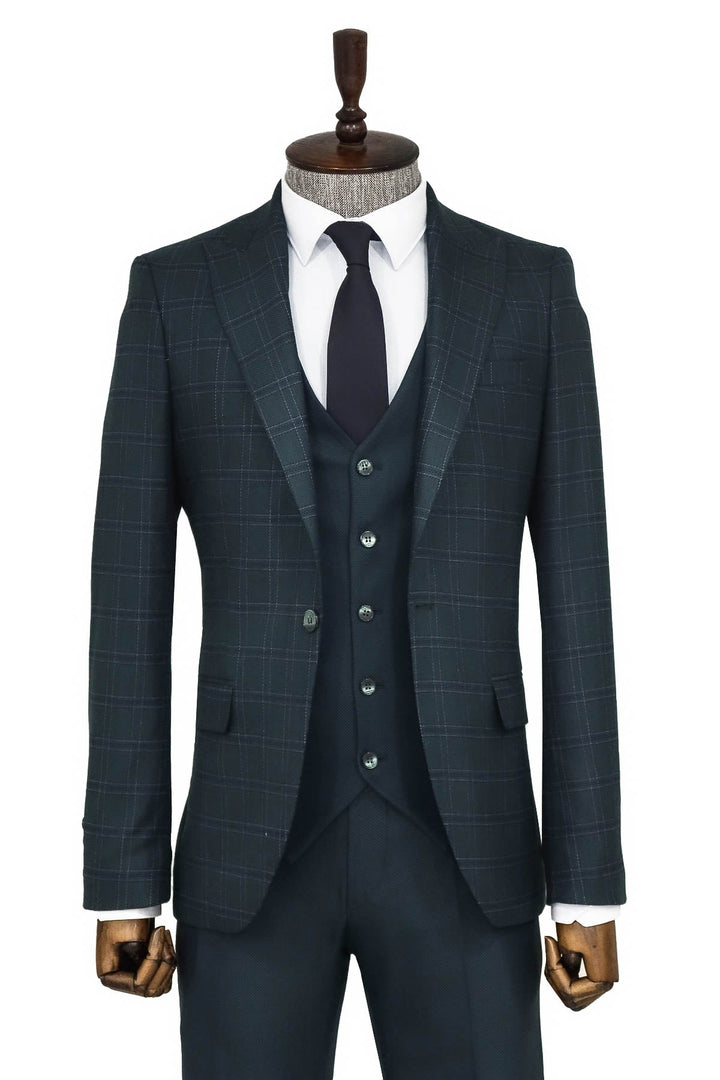 WSS Checked Slim Fit Green Men Suit  - Singen