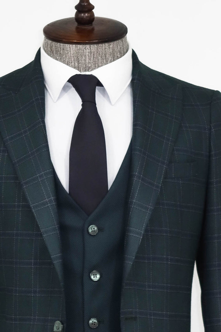 WSS Checked Slim Fit Green Men Suit  - Singen