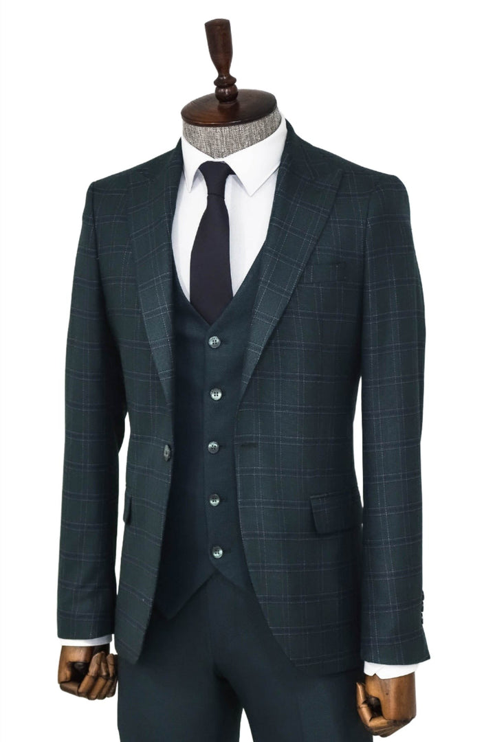 WSS Checked Slim Fit Green Men Suit  - Singen