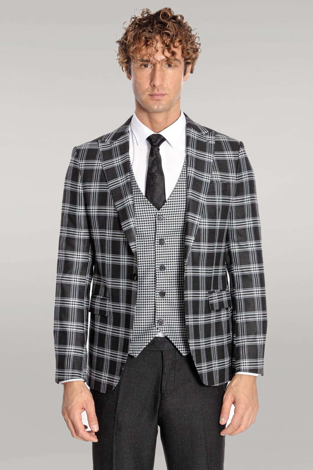 WSS Slim Fit Patterned Checked Black Men Suit  - Singen