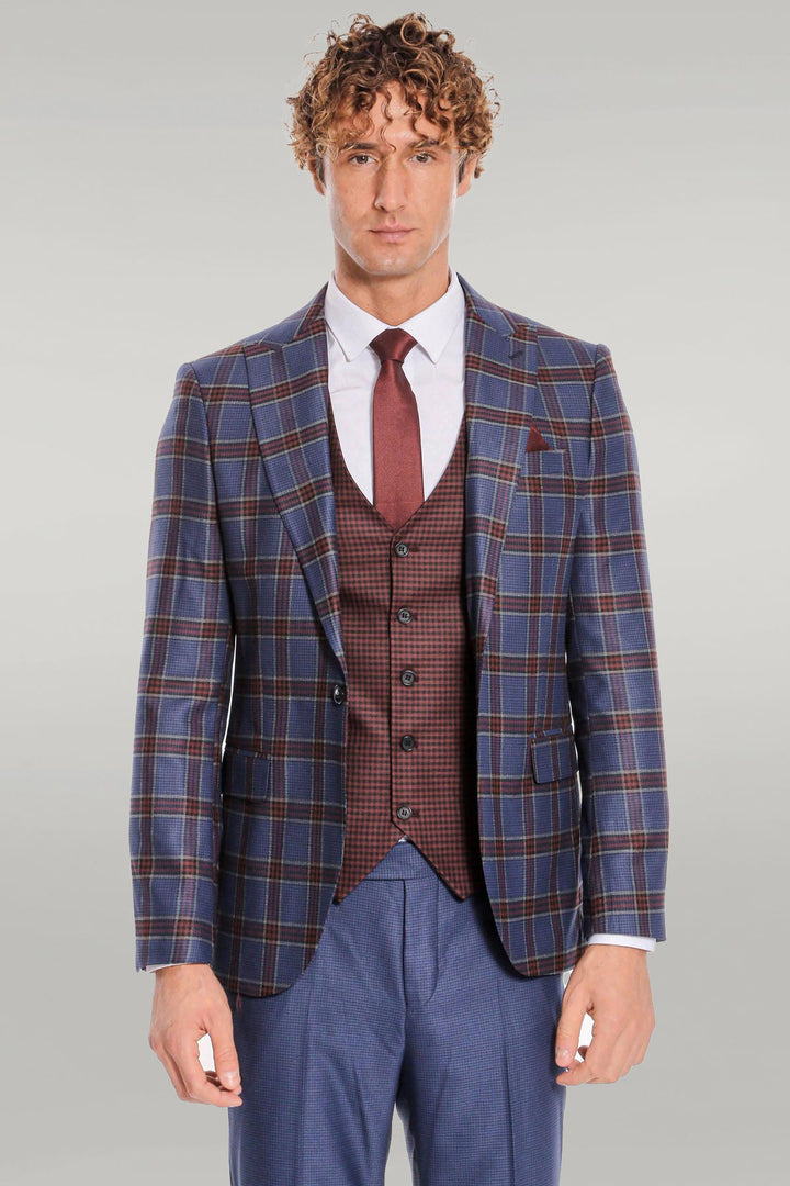 WSS Patterned Checked Slim Fit Blue Men Suit  - Singen