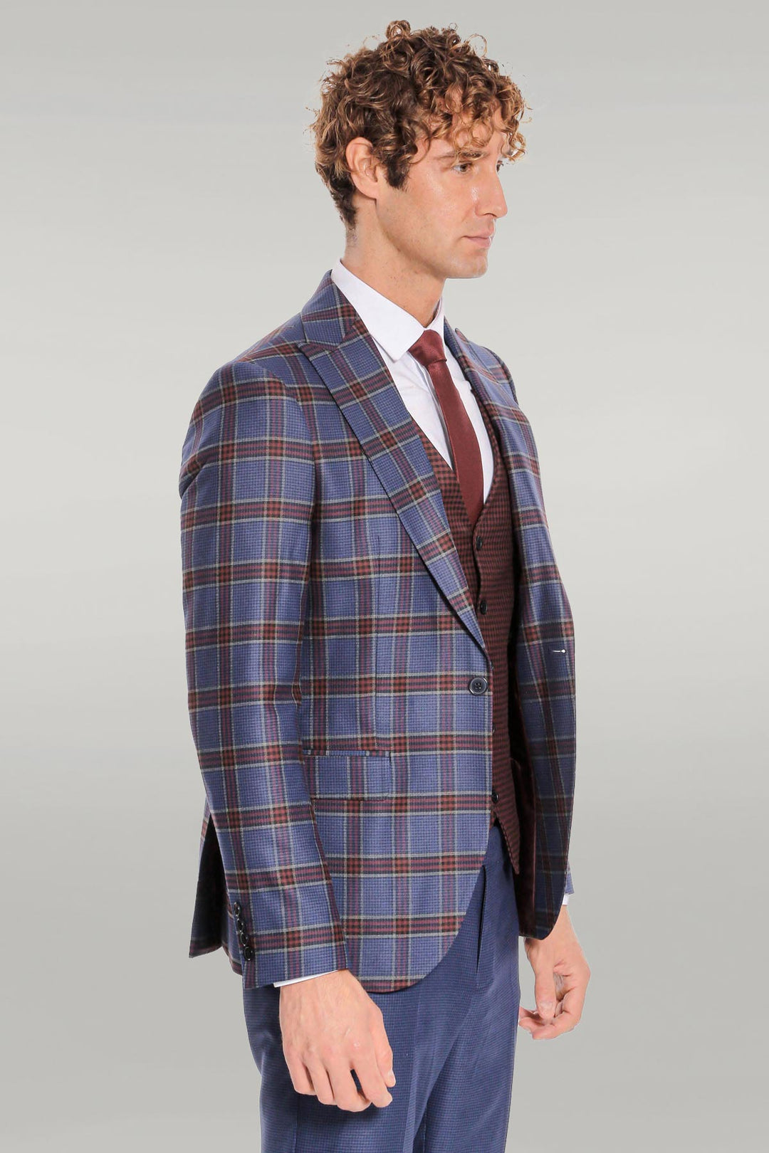 WSS Patterned Checked Slim Fit Blue Men Suit  - Singen