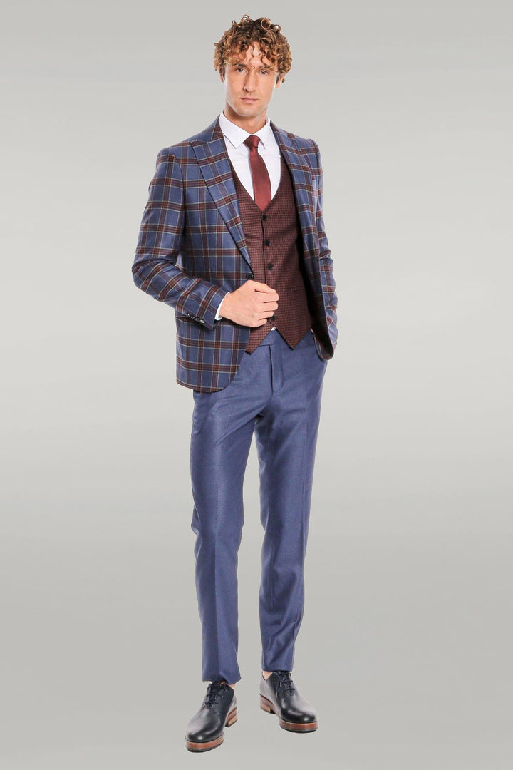 WSS Patterned Checked Slim Fit Blue Men Suit  - Singen