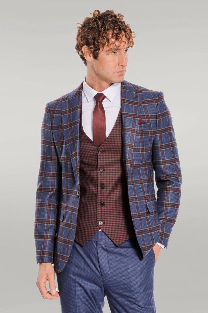 WSS Patterned Checked Slim Fit Blue Men Suit  - Singen