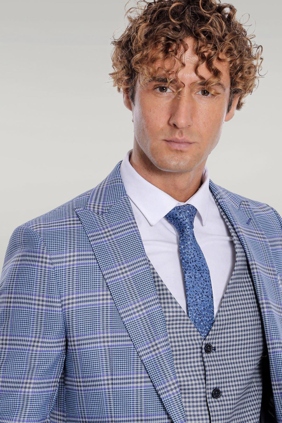 WSS Patterned Checked Slim Fit Blue Men Suit  - Singen