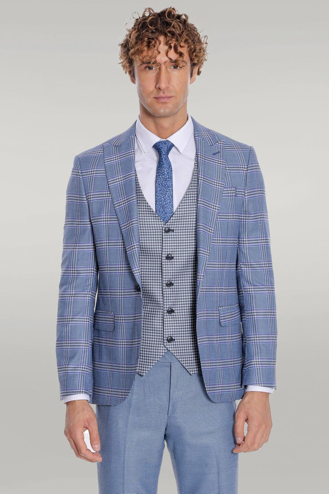 WSS Patterned Checked Slim Fit Blue Men Suit  - Singen