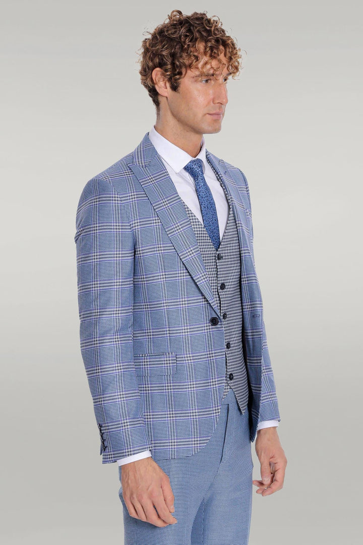 WSS Patterned Checked Slim Fit Blue Men Suit  - Singen