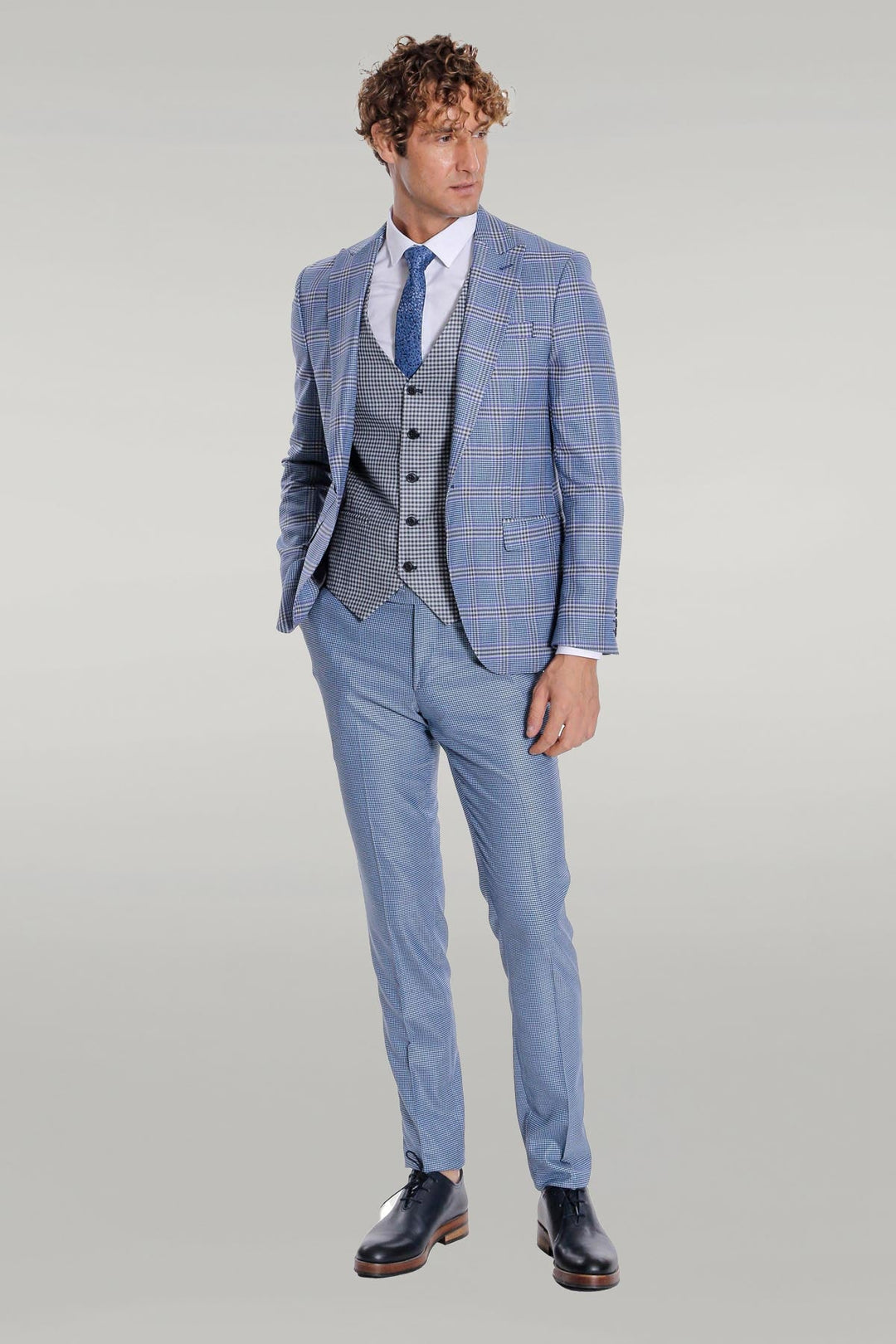 WSS Patterned Checked Slim Fit Blue Men Suit  - Singen