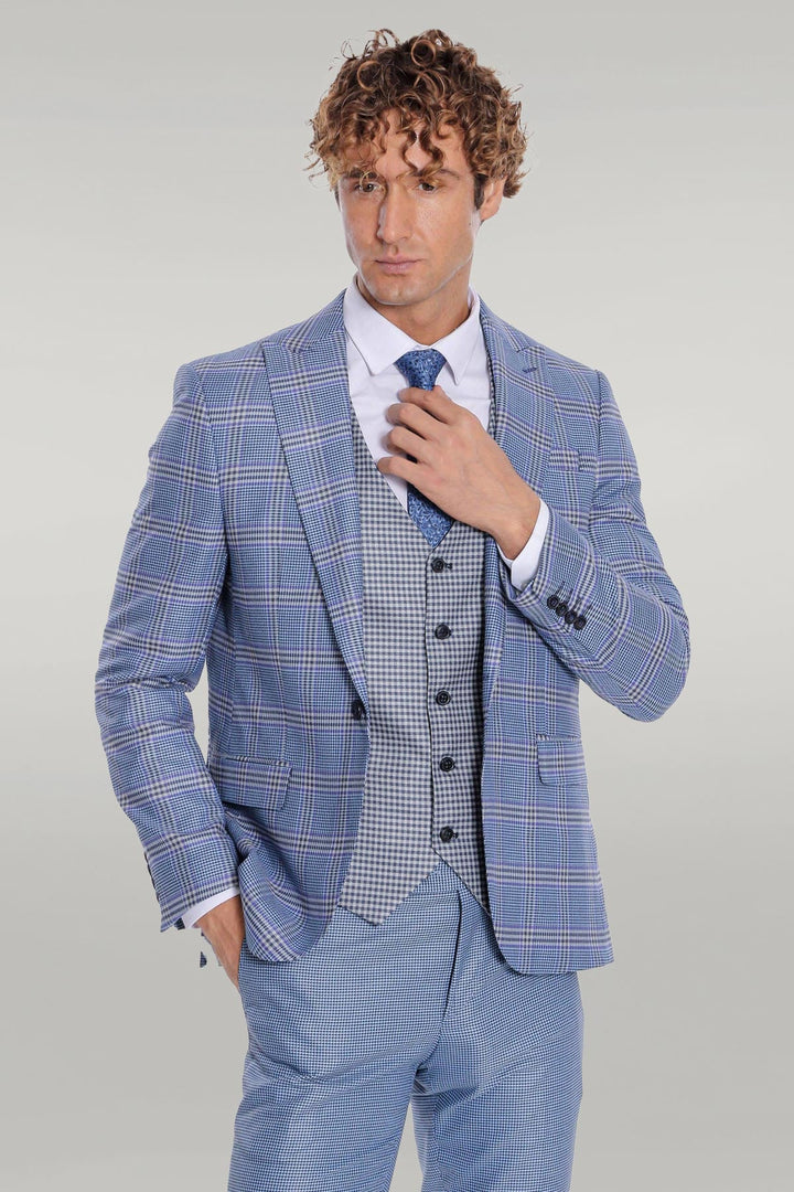 WSS Patterned Checked Slim Fit Blue Men Suit  - Singen