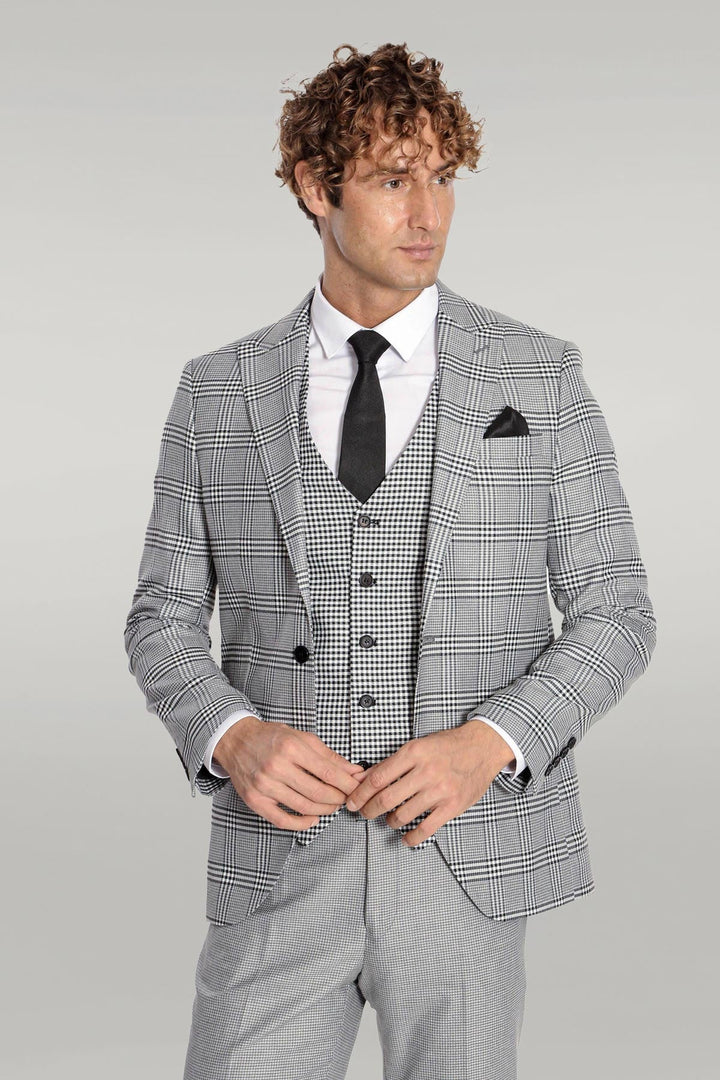 WSS Slim Fit Patterned Checked Grey Men Suit  - Singen