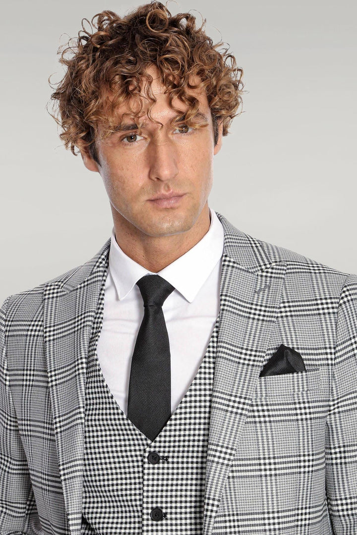 WSS Slim Fit Patterned Checked Grey Men Suit  - Singen