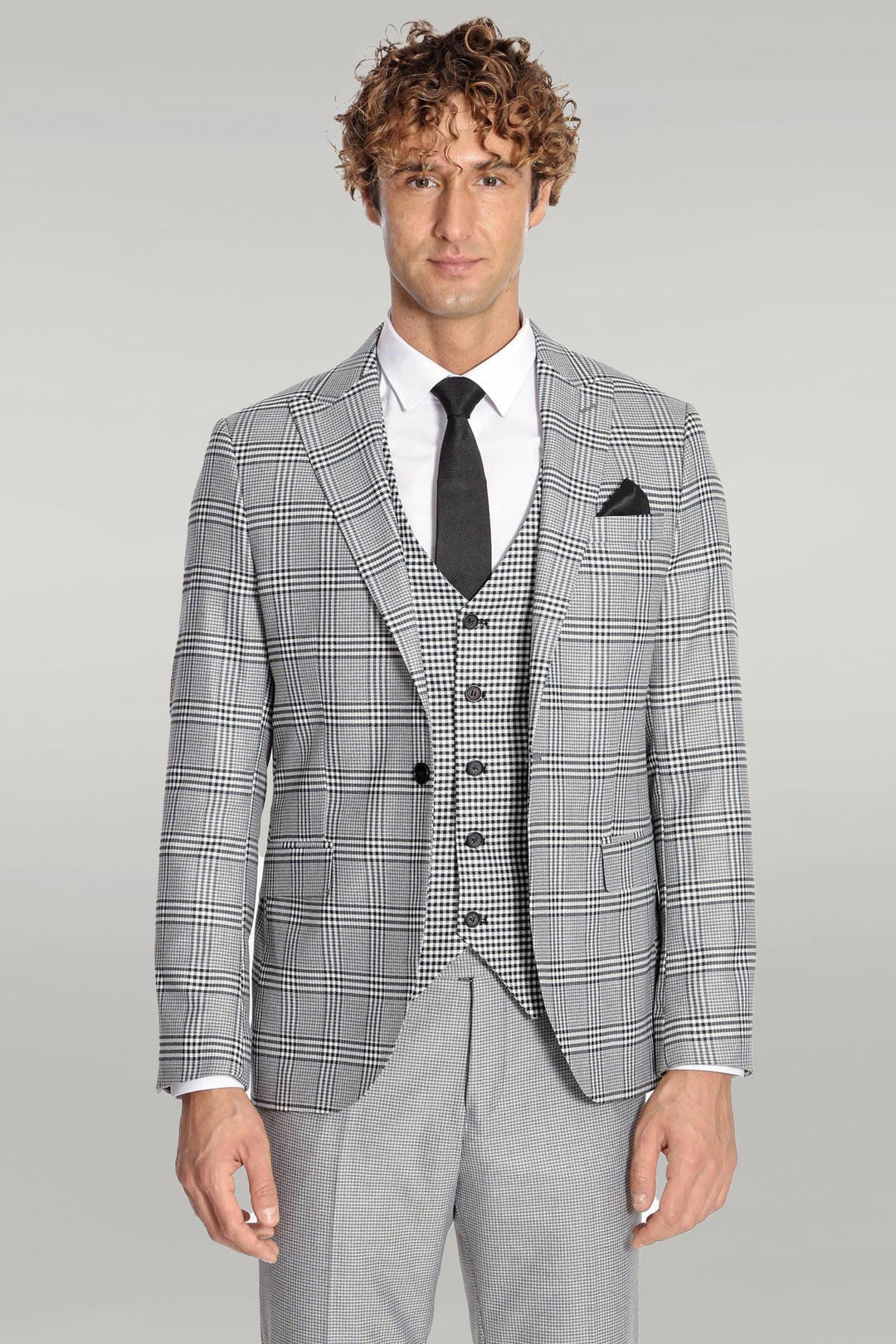 WSS Slim Fit Patterned Checked Grey Men Suit  - Singen