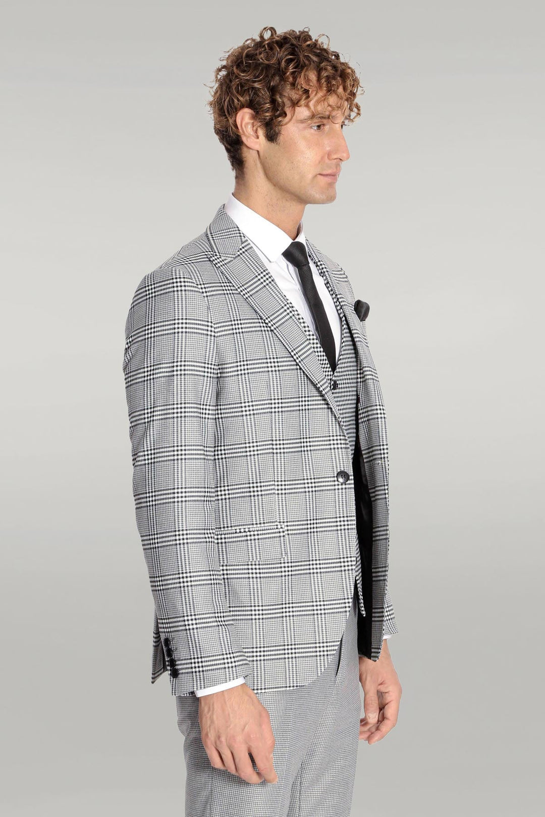 WSS Slim Fit Patterned Checked Grey Men Suit  - Singen