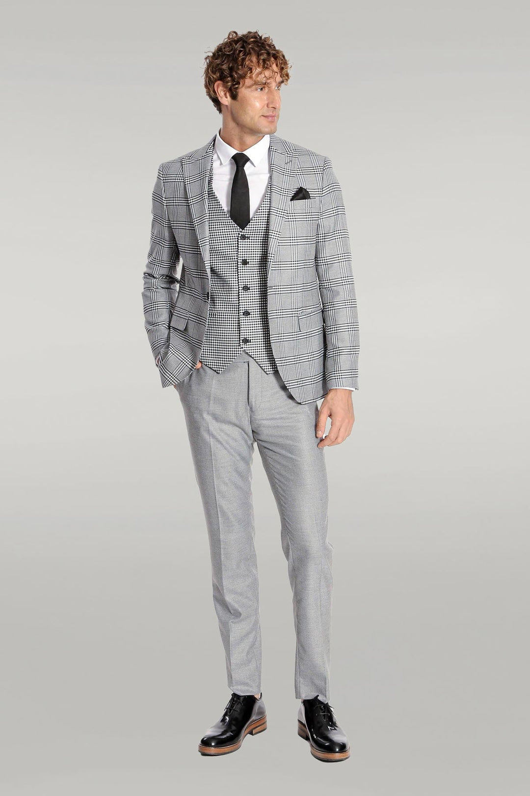 WSS Slim Fit Patterned Checked Grey Men Suit  - Singen