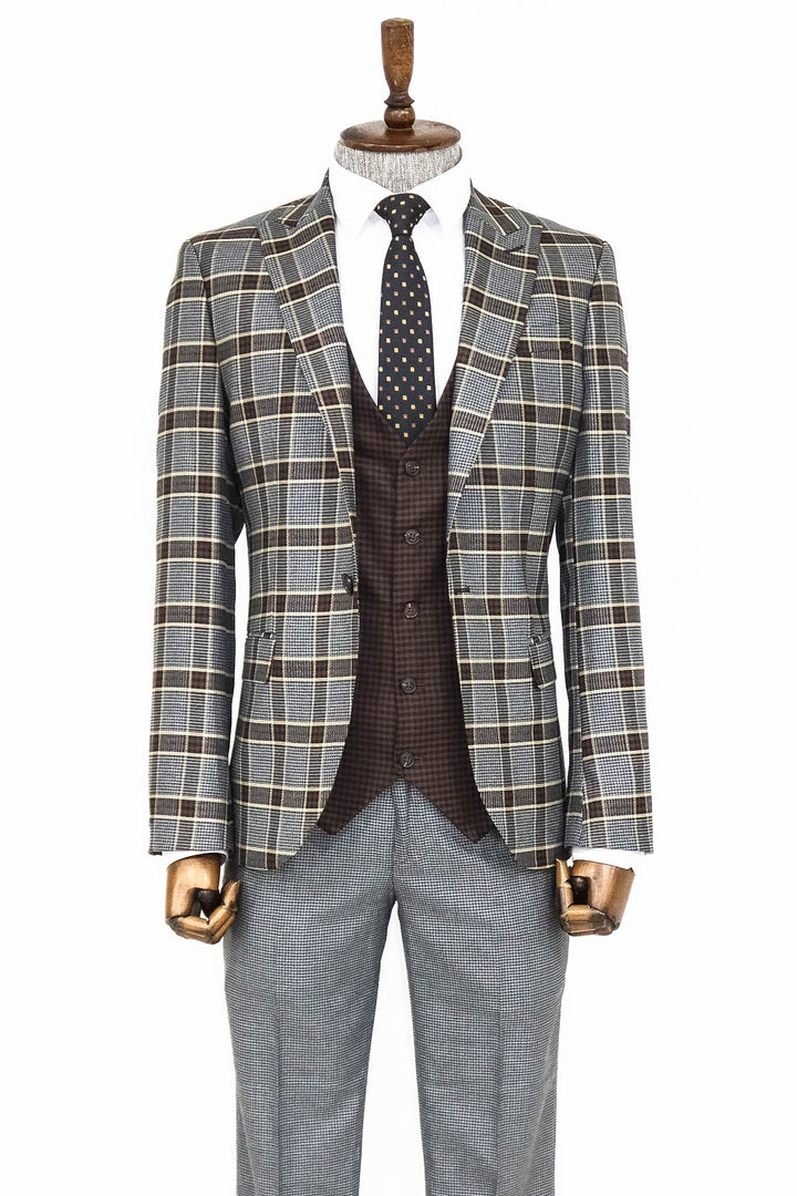 WSS Patterned Checked Slim Fit Anthracite Men Suit  - Singen