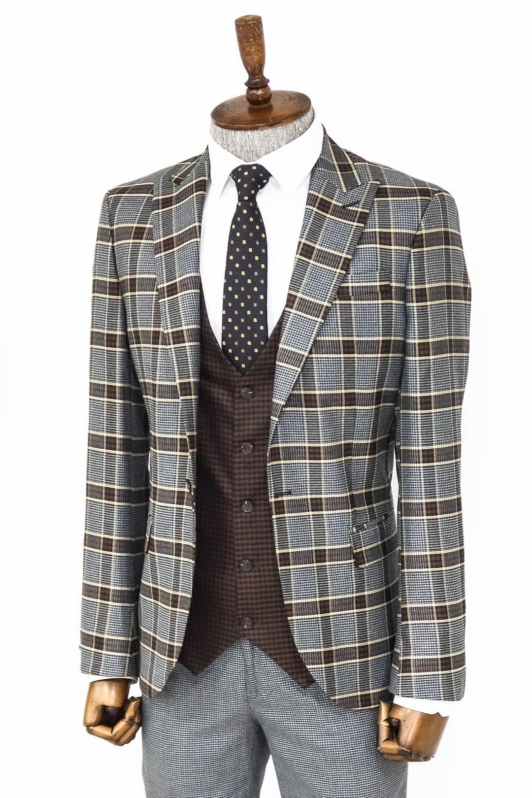 WSS Patterned Checked Slim Fit Anthracite Men Suit  - Singen