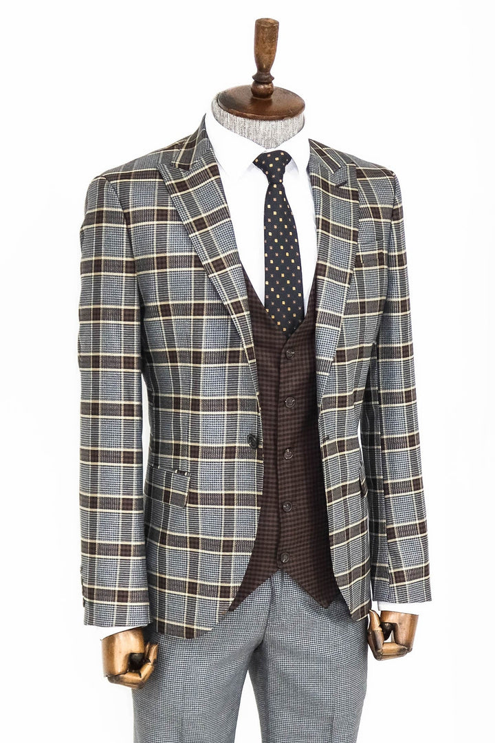 WSS Patterned Checked Slim Fit Anthracite Men Suit  - Singen