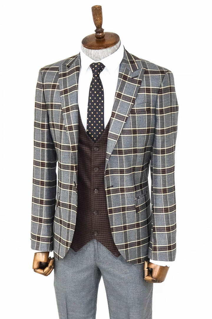 WSS Patterned Checked Slim Fit Anthracite Men Suit  - Singen