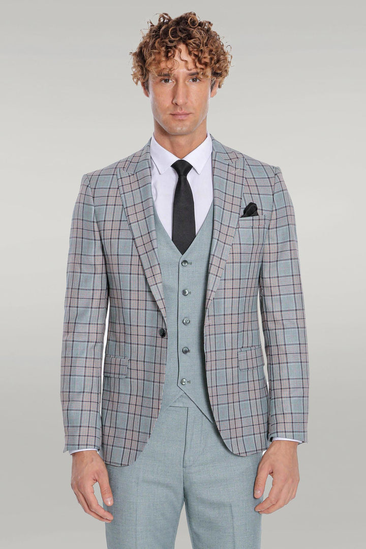 WSS Checked Slim Fit Light Green Men Suit  - Singen