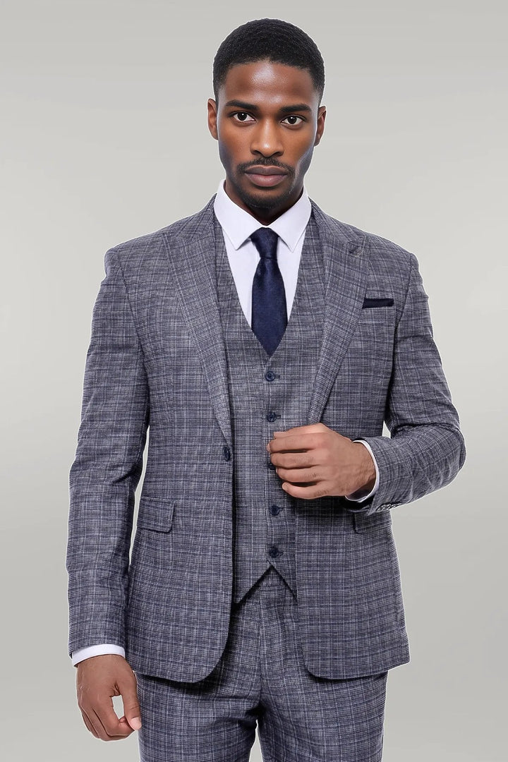 WSS Patterned Vested Slim-Fit Navy Blue Men Suit  - Singen