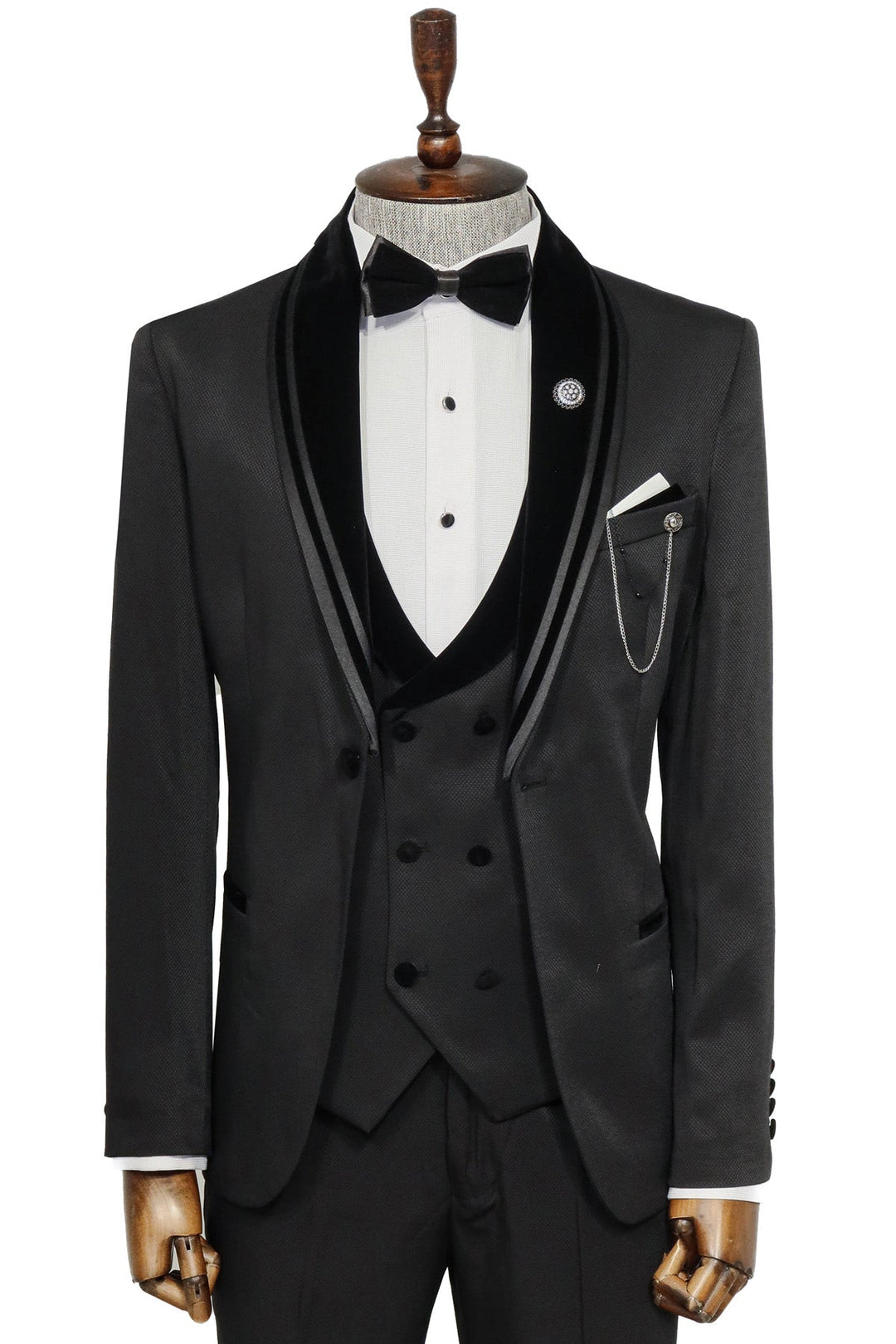 WSS 3 Piece Trim Detailed Self-Patterned Velvet Shawl Collar Black Men's Tuxedo  - Singen