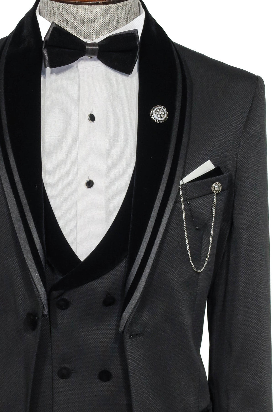 WSS 3 Piece Trim Detailed Self-Patterned Velvet Shawl Collar Black Men's Tuxedo  - Singen