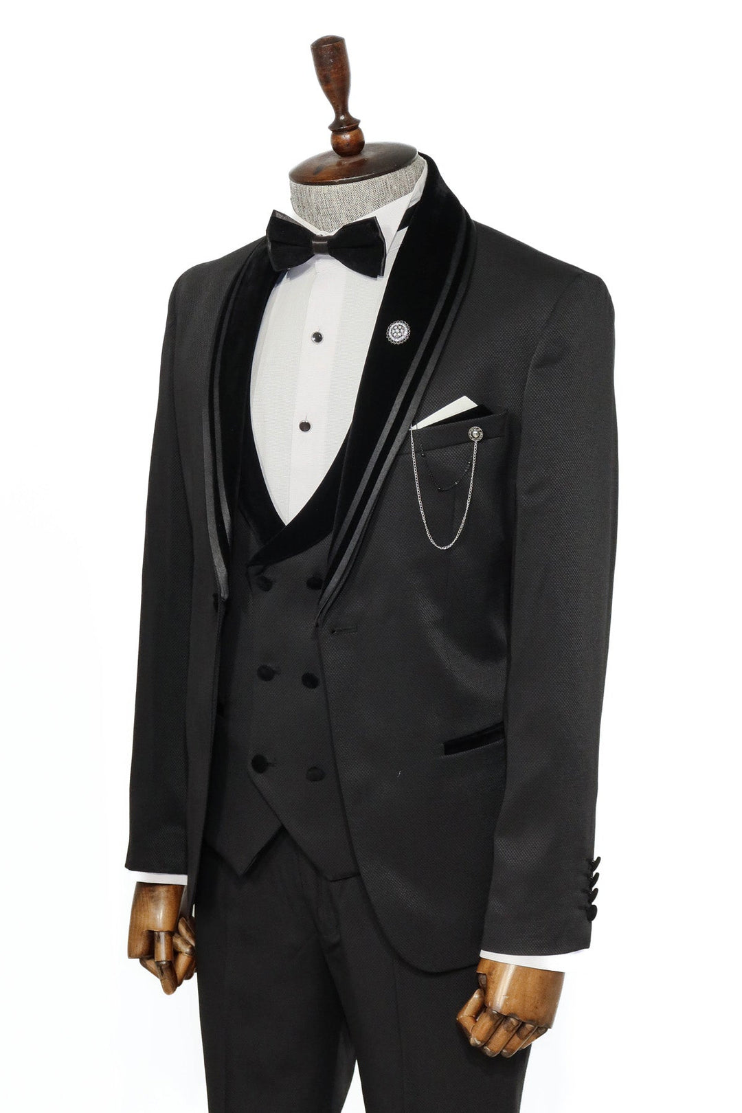 WSS 3 Piece Trim Detailed Self-Patterned Velvet Shawl Collar Black Men's Tuxedo  - Singen