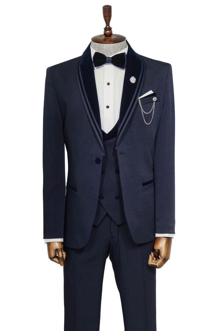 WSS 3 Piece Trim Detailed Self-Patterned Velvet Shawl Collar Navy Blue Men's Tuxedo  - Singen