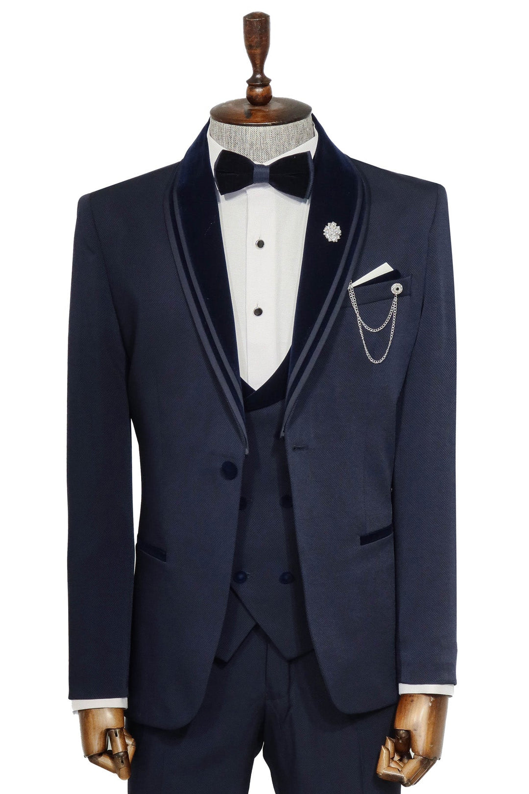 WSS 3 Piece Trim Detailed Self-Patterned Velvet Shawl Collar Navy Blue Men's Tuxedo  - Singen